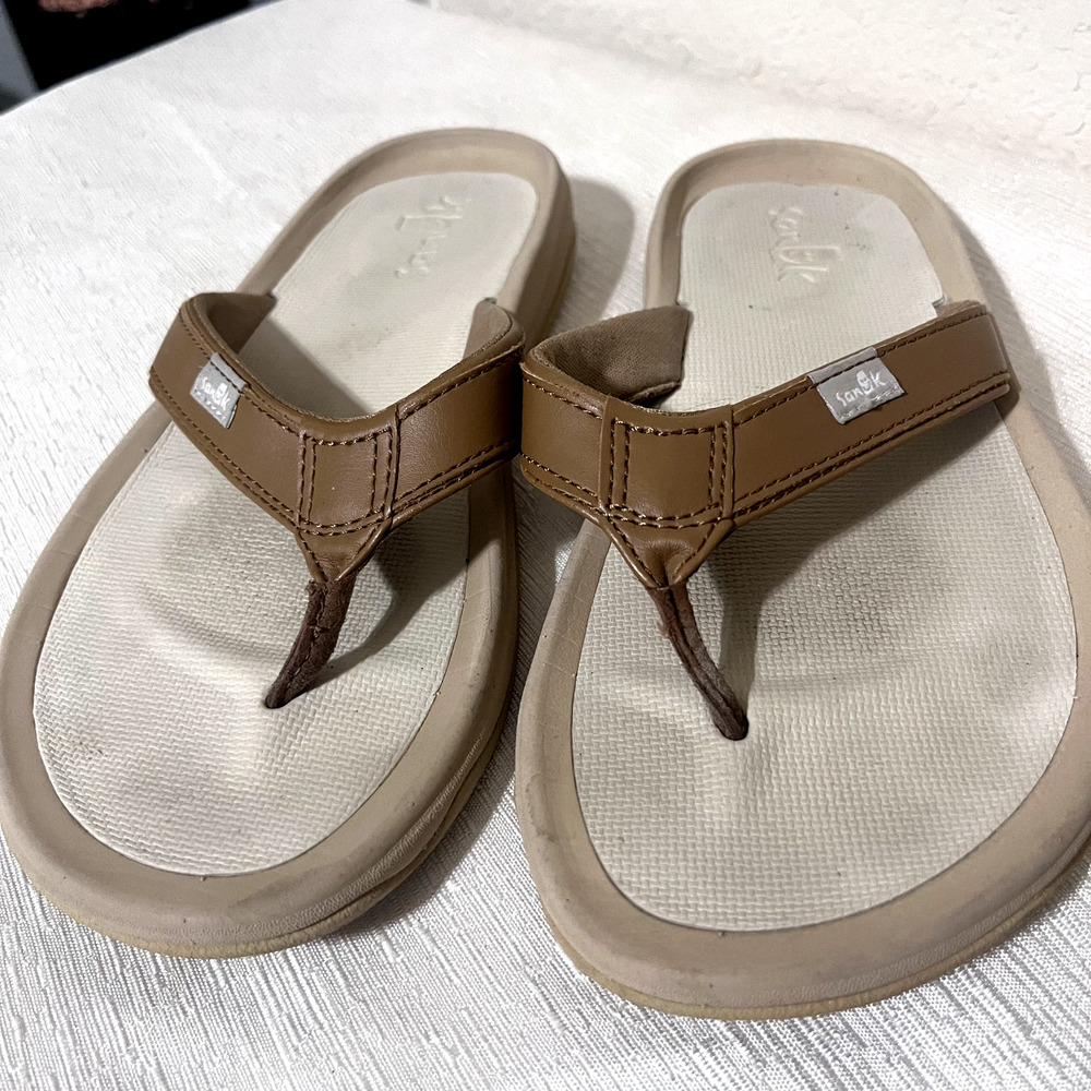 SANUK WOMENS Tripper FLIP FLOPS H2O Yeah sz 6 tan leather thong sandals